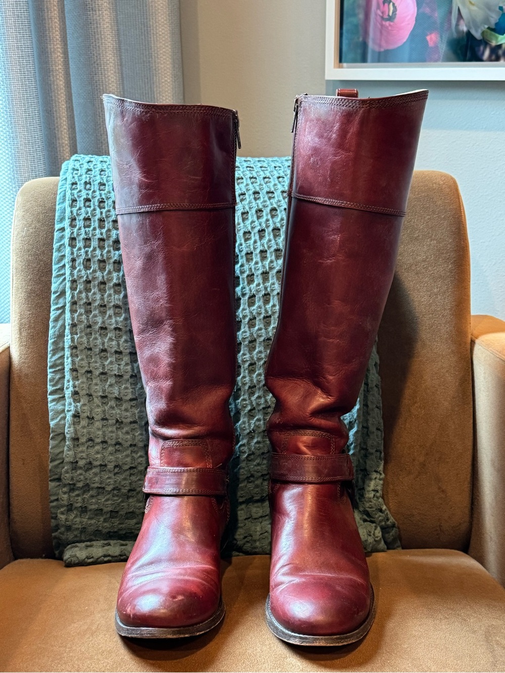 FRYE Women's Tall Leather Riding Boots - Burgundy - Size 9